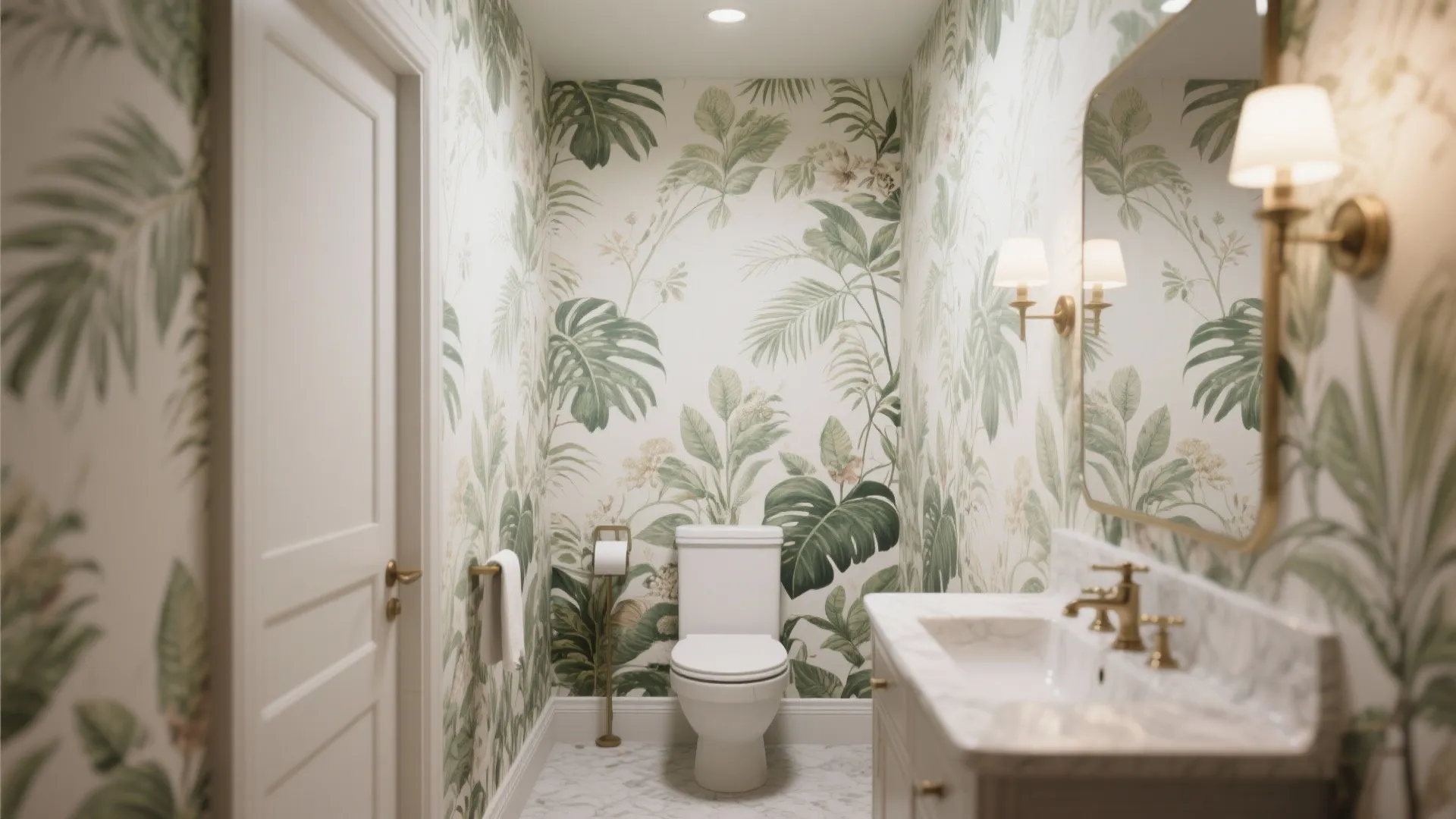 Small bathroom featuring green tropical leaf wallpaper white toilet marble sink and gold wall lights