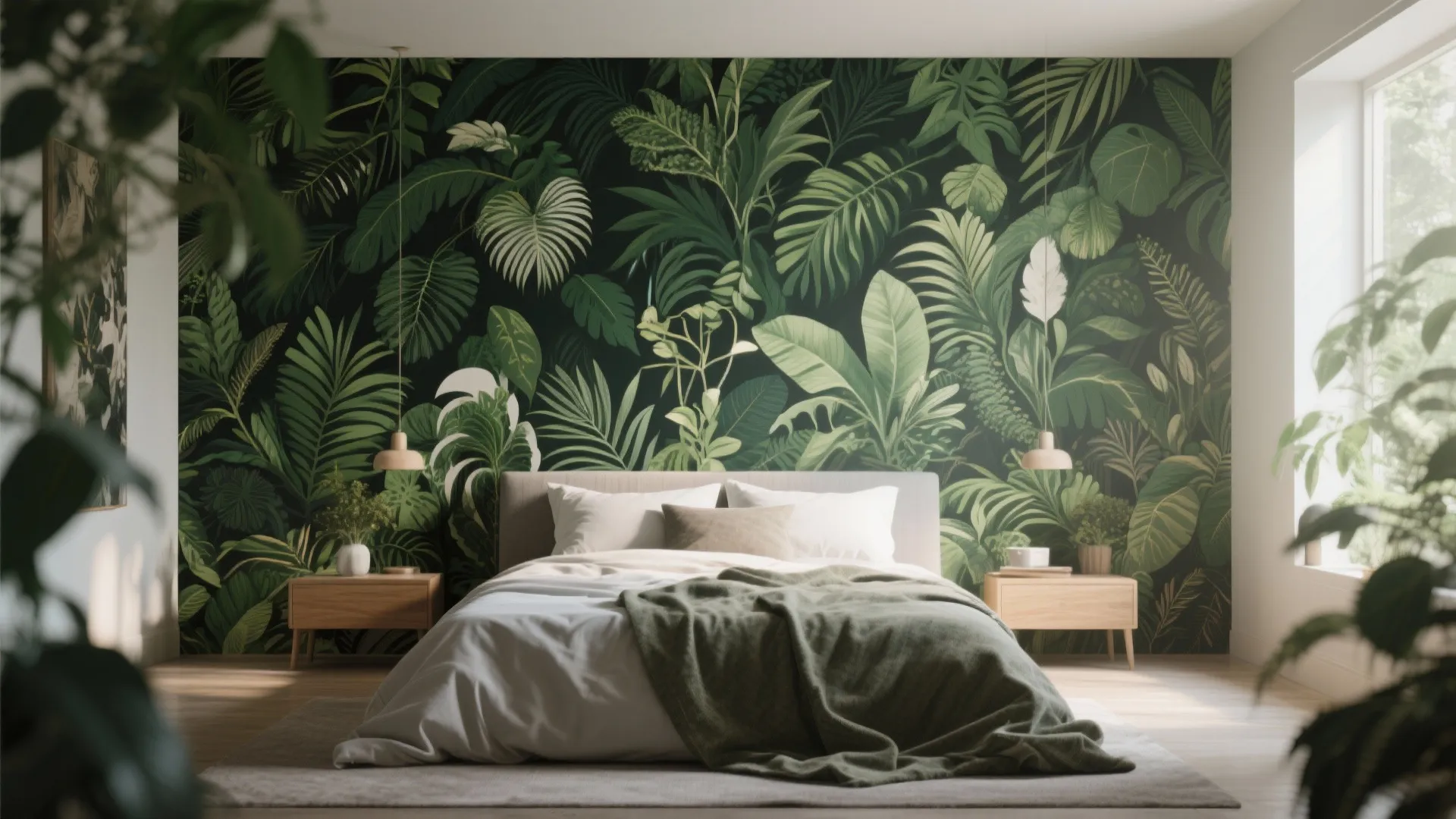 Modern bedroom featuring a large green leaf pattern wallpaper with wooden side tables and plants