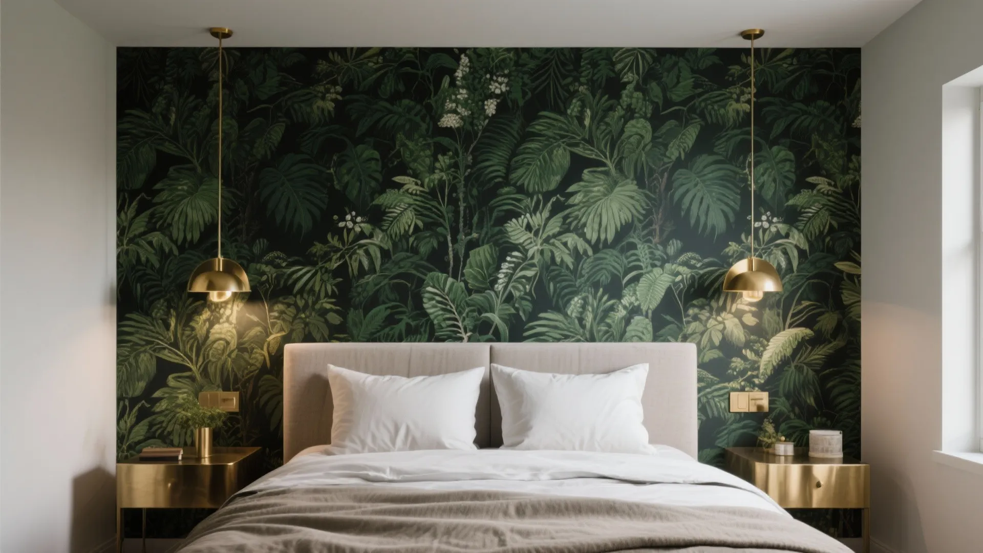 Elegant bedroom with dark green botanical wallpaper, gold hanging lights, white pillows and gold nightstands