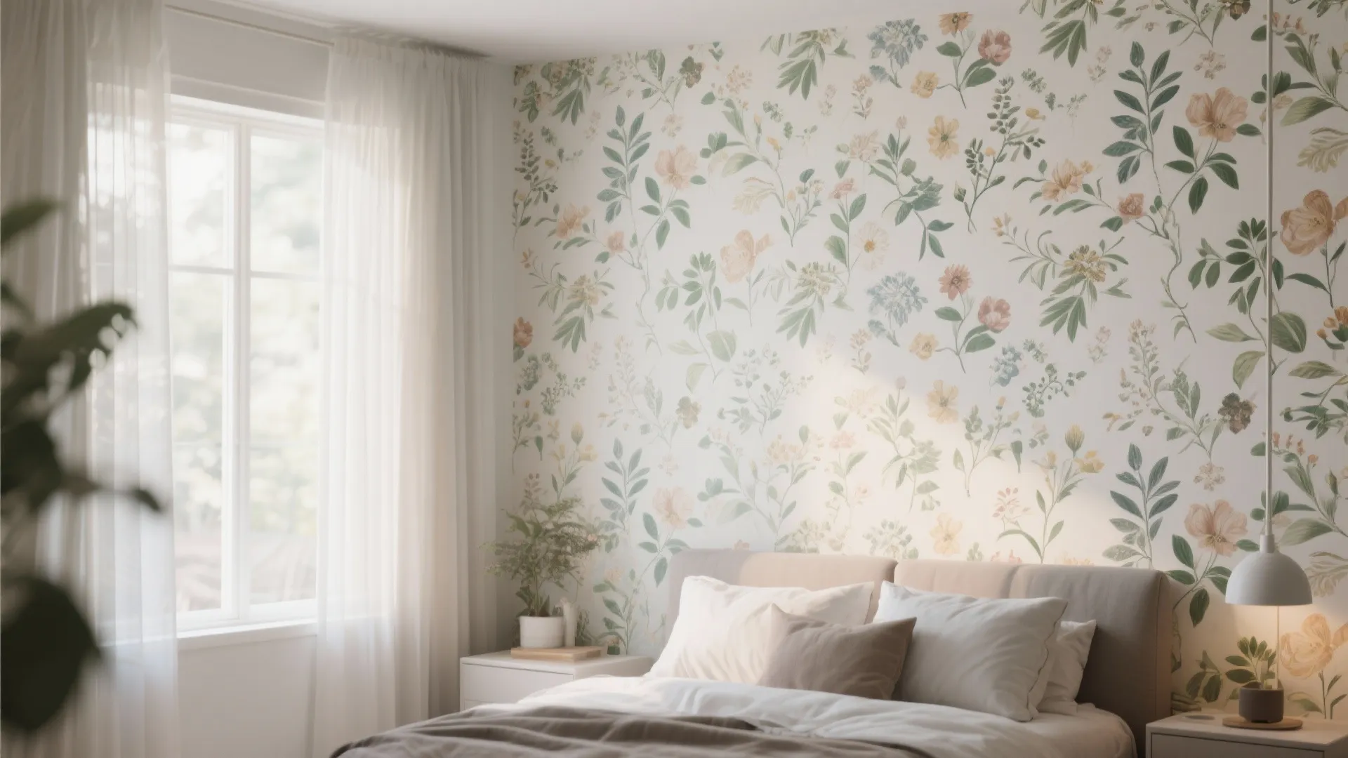 Bright bedroom featuring floral pattern wallpaper white curtain bed with pillows and white table lamp