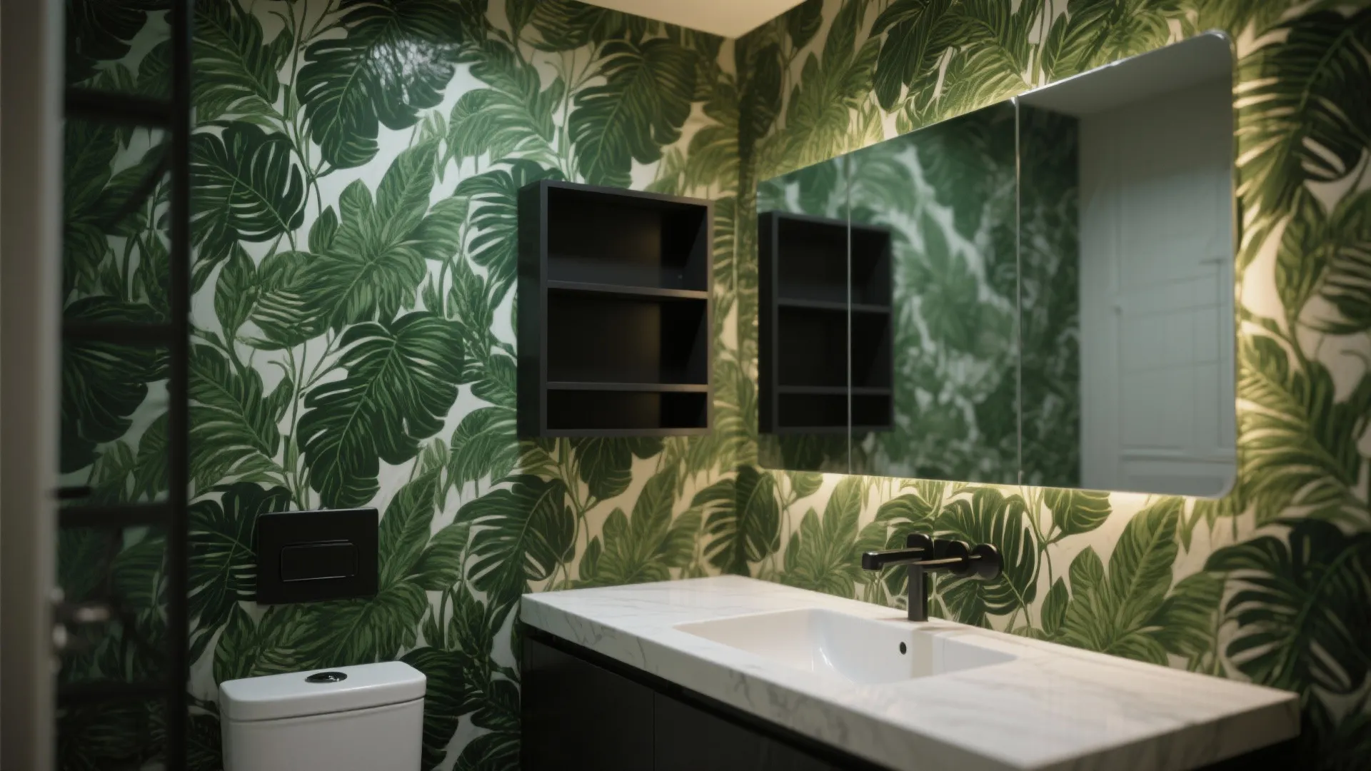 3. Botanical Green Wallpaper with Matte Black Accents