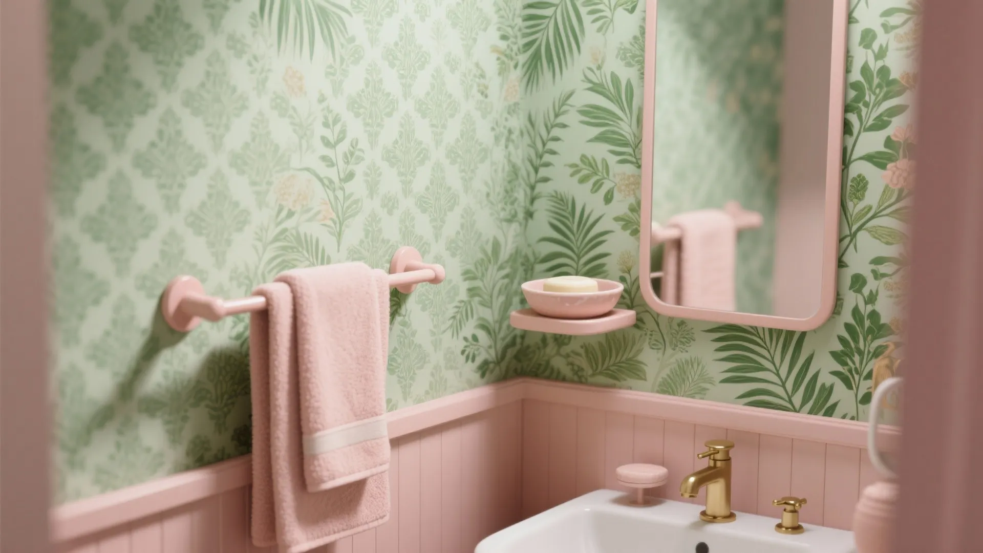 Pink bathroom wall with green botanical wallpaper pink towel bar gold faucet and small pink mirror