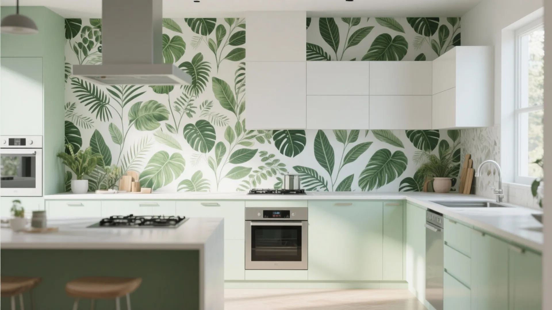 Kitchen with green botanical print wallpaper accent wall