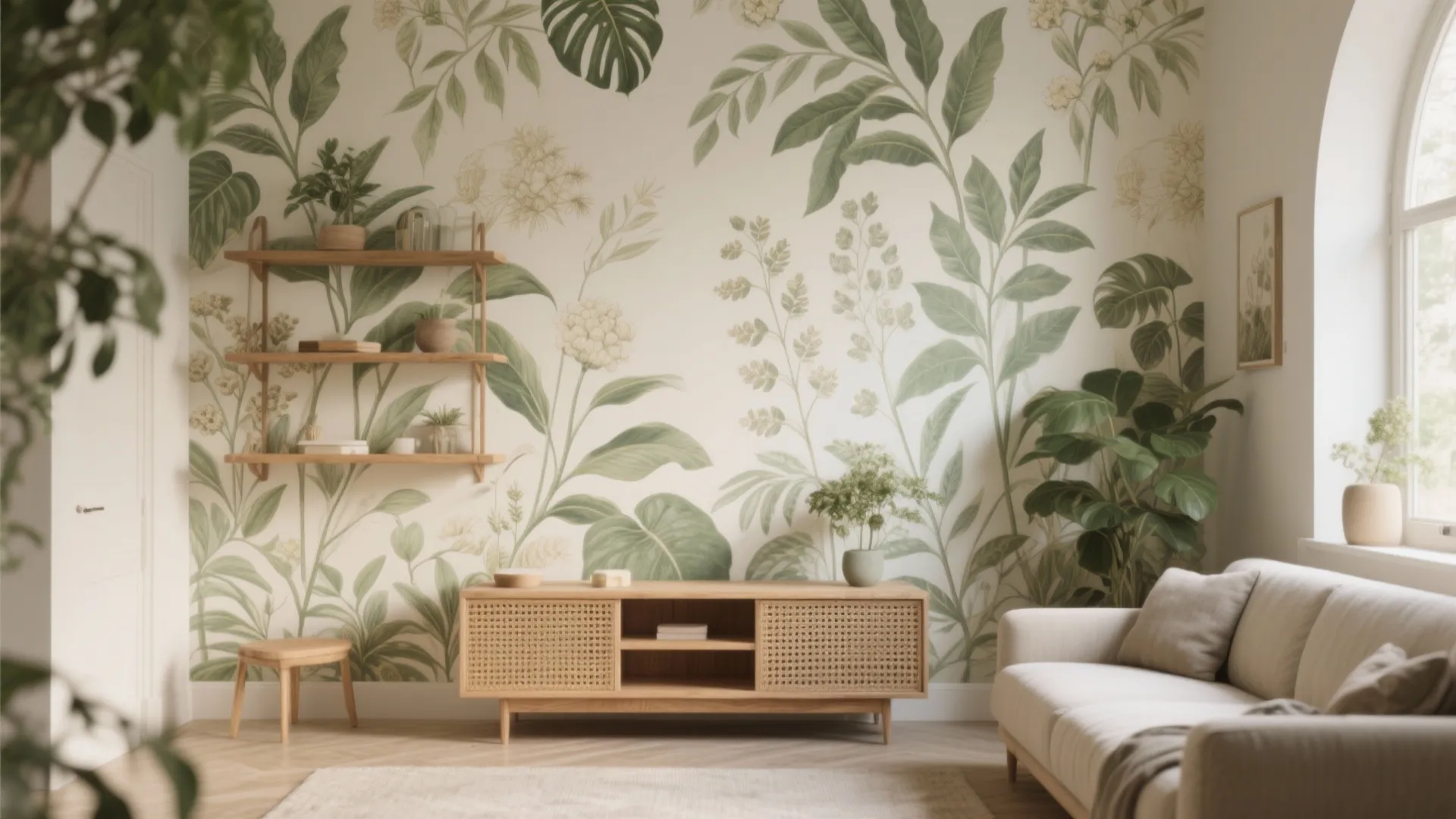 Muted botanical illustration wallpaper in a small living room with rattan shelves