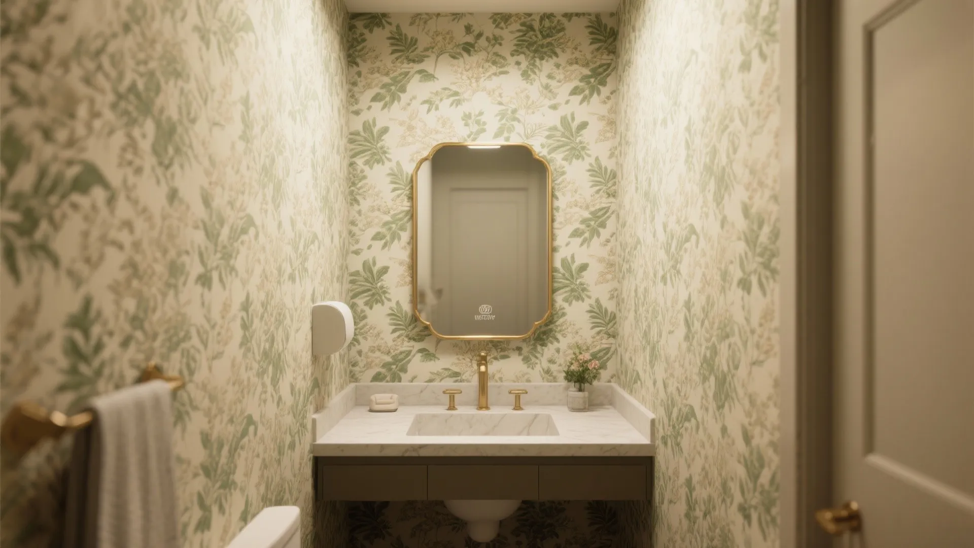 5. Patterned Beige-Green Wallpaper for a Powder Room