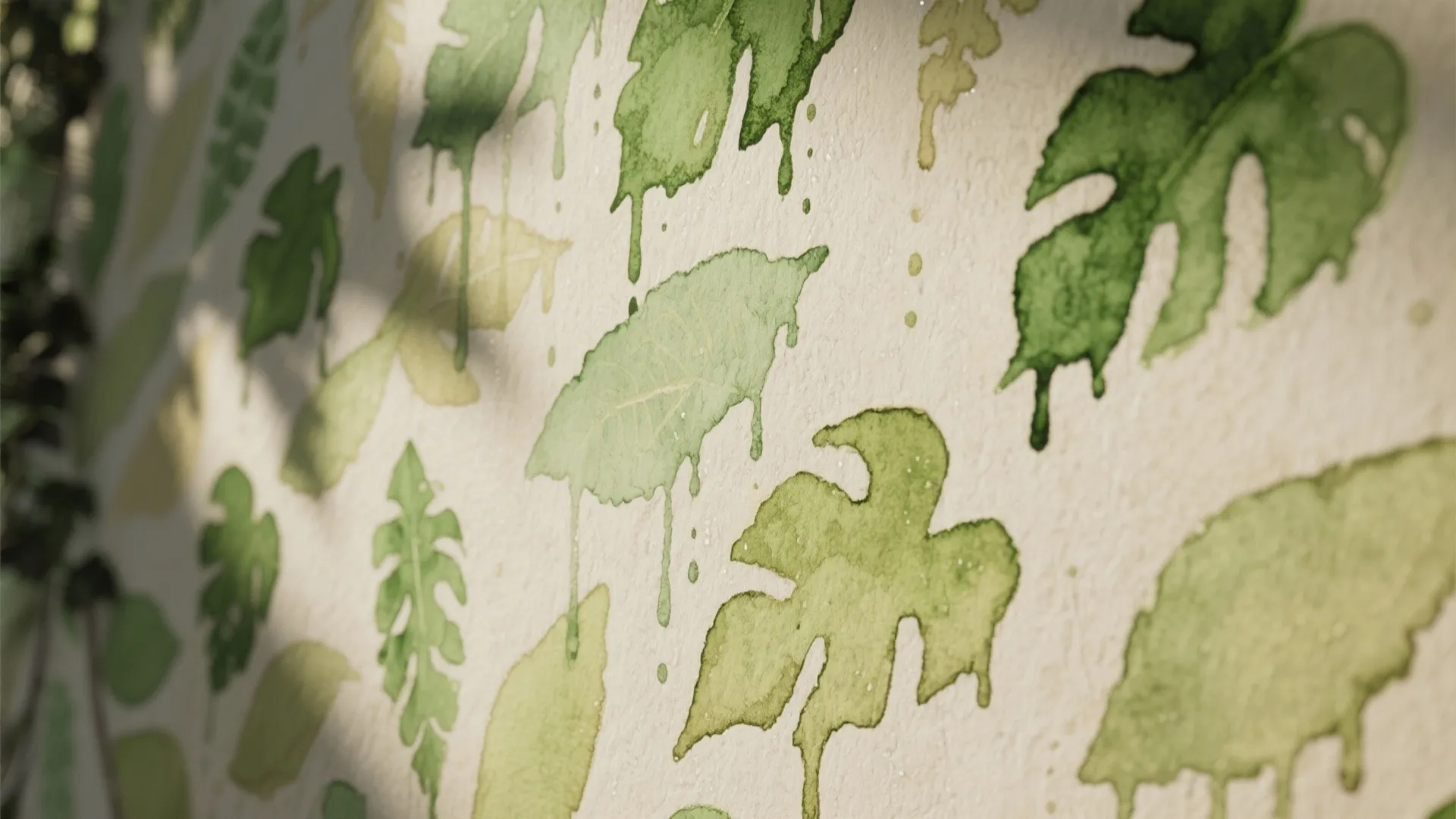 Macro view of a loose botanical wash mural with layered diluted acrylic leaves and soft blended textures.