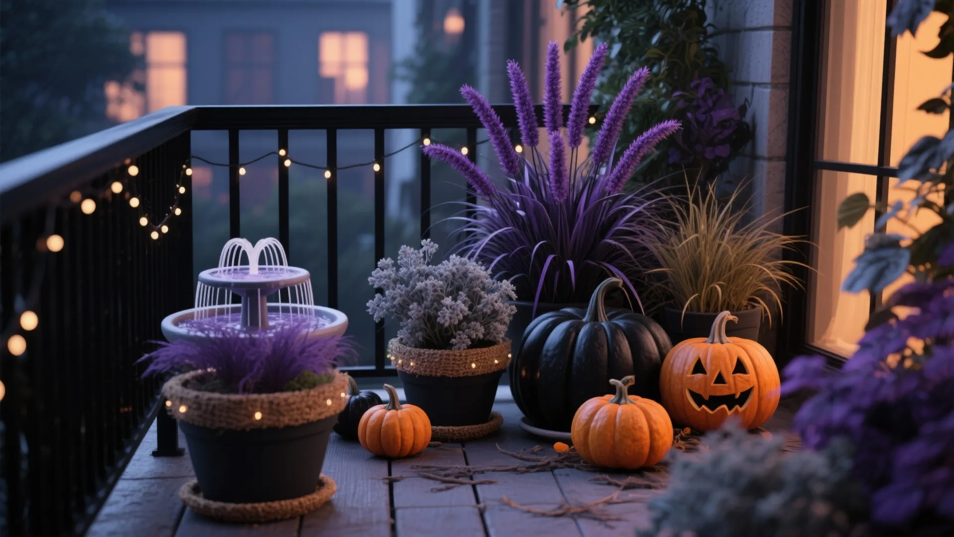Outdoor balcony at night with purple plants small fountain pumpkins fairy lights and black metal railing