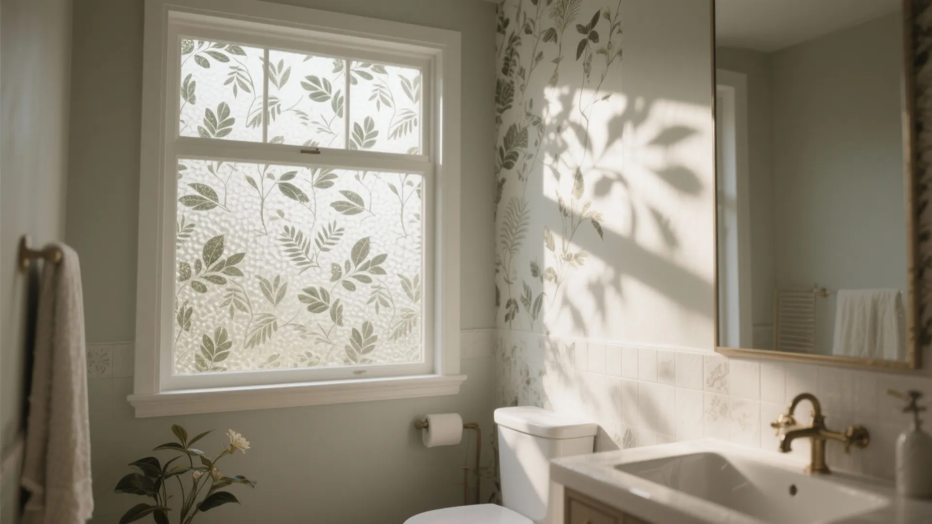 Bright bathroom featuring botanical pattern window film with a white sink and green leaf wallpaper
