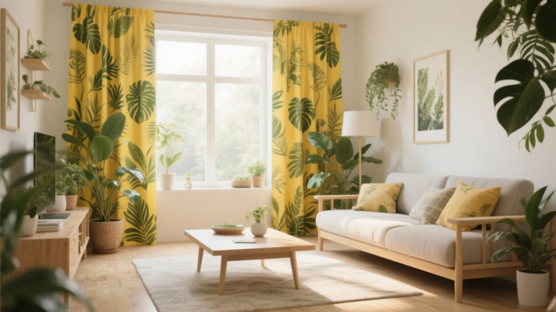 Bright living room featuring yellow curtains with leaf patterns white sofa and many potted indoor plants