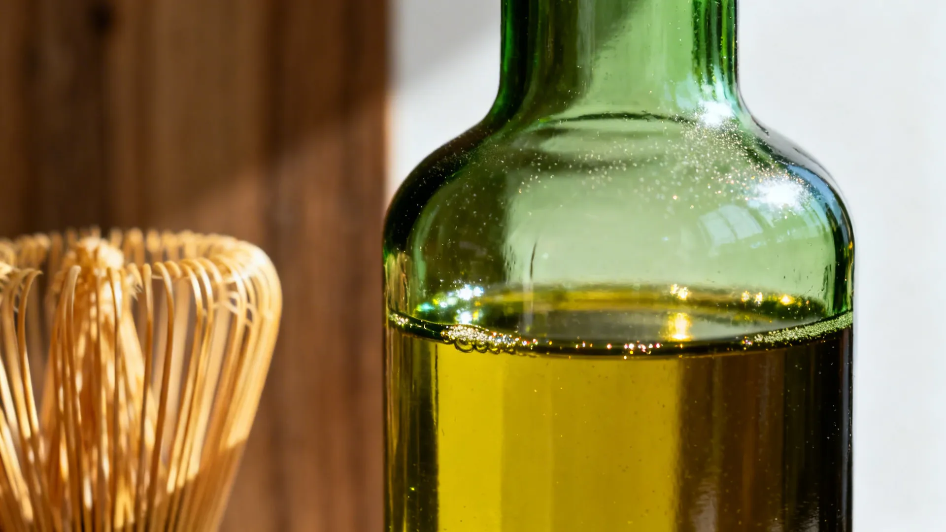 Green Bottles, Oils, and Matcha as Tonal Layers