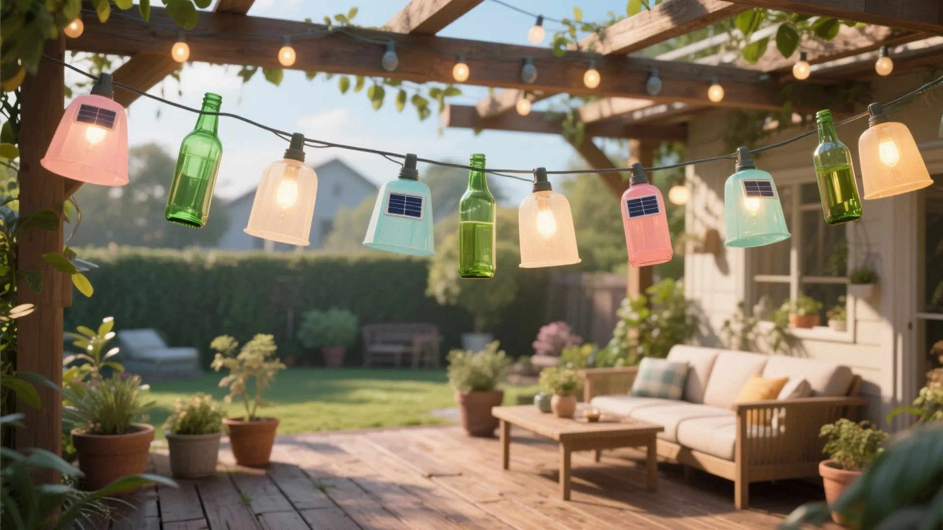 Outdoor patio decorated with colorful glass bottle string lights wooden sofa table and green garden plants