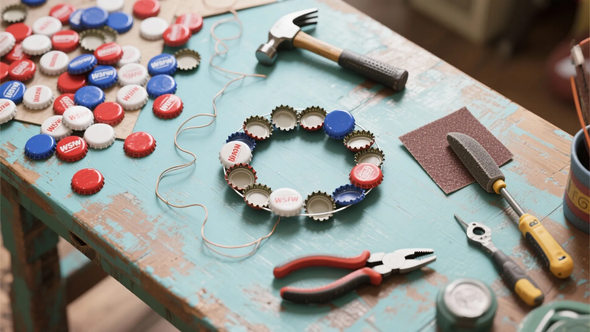 Hammer pliers and sandpaper on wooden table with bottle caps in a circular wreath shape