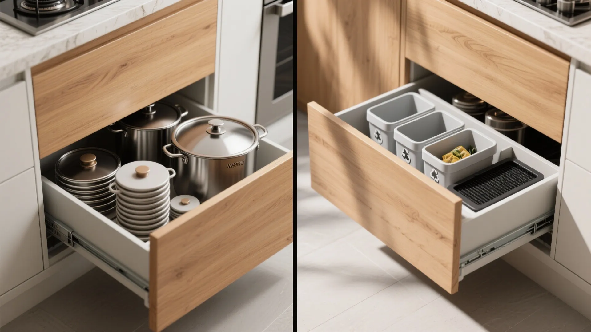 Side by side comparison of kitchen drawers filled with cooking pots versus recycling storage bins