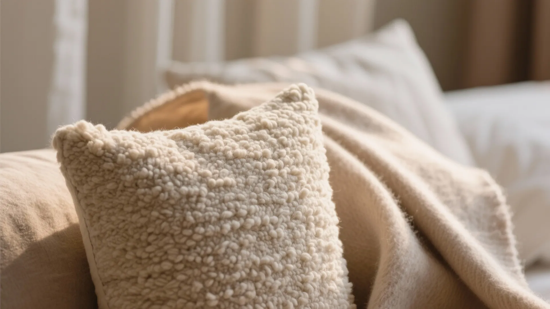Macro of bouclé weave beside a cashmere throw with warm ambient light.