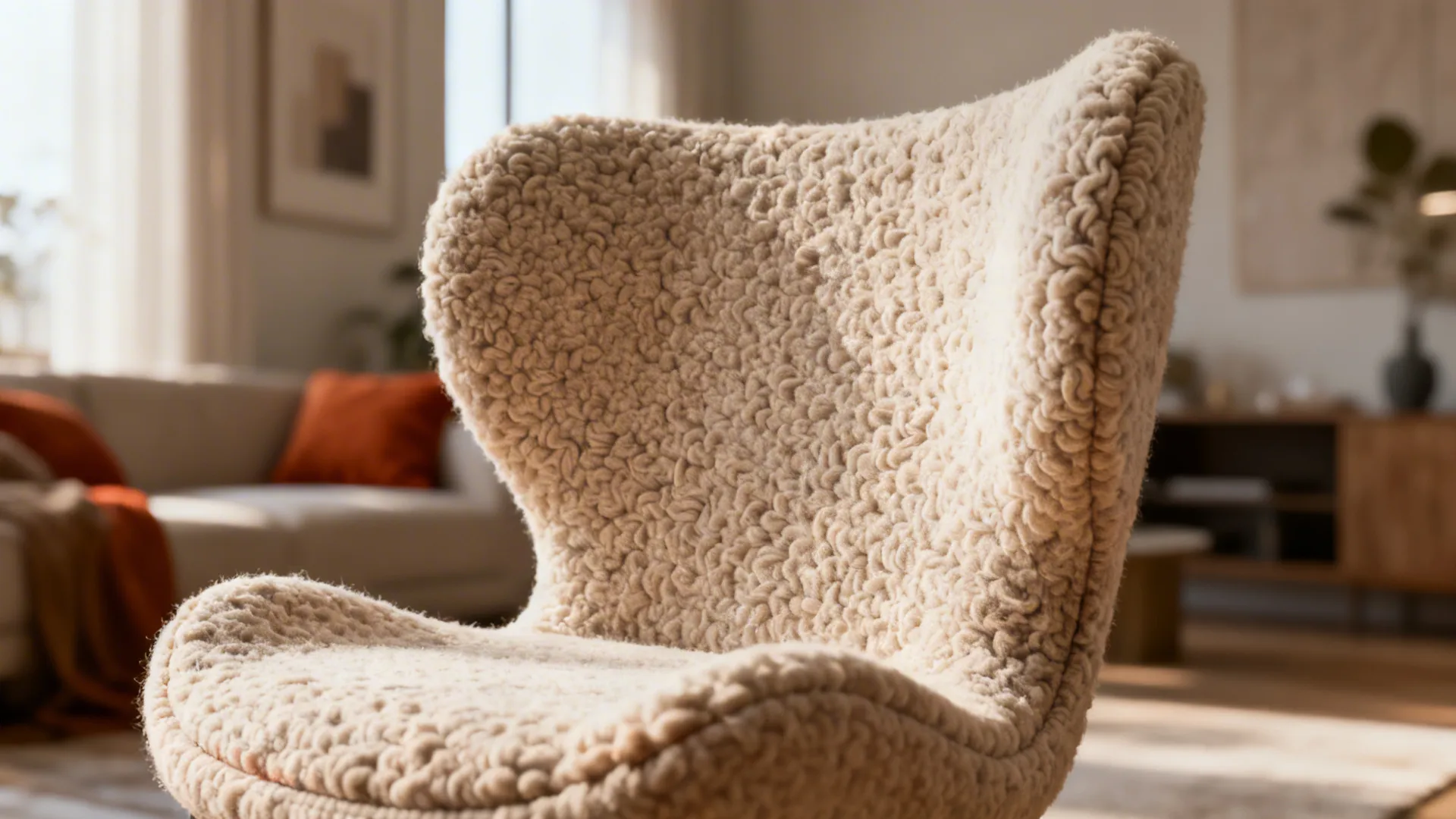 Textured bouclé upholstery close-up highlighting nubby weave and sculptural comfort.