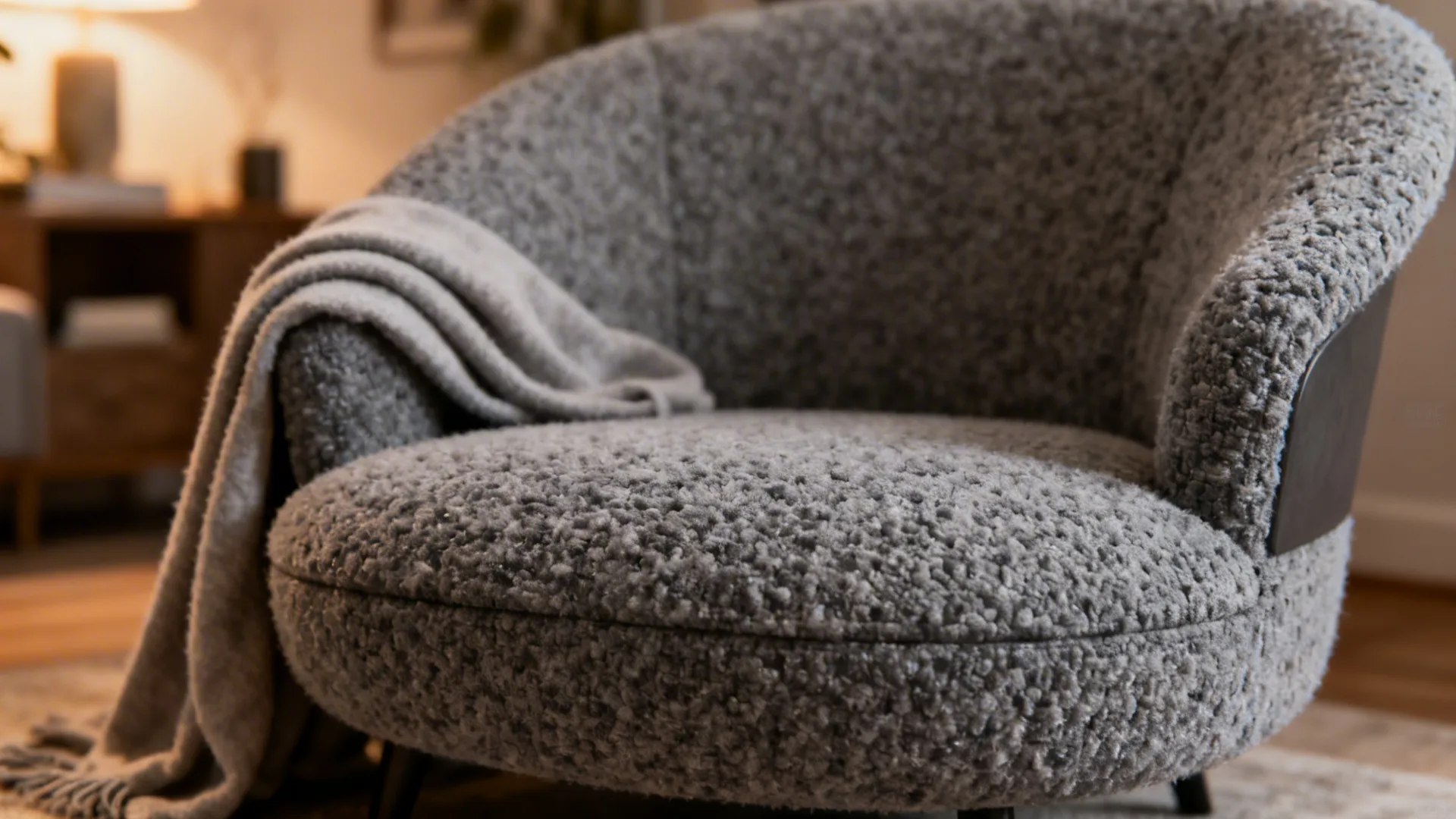 Close-up of a gray boucle accent chair showing soft textured fibers and a draped throw