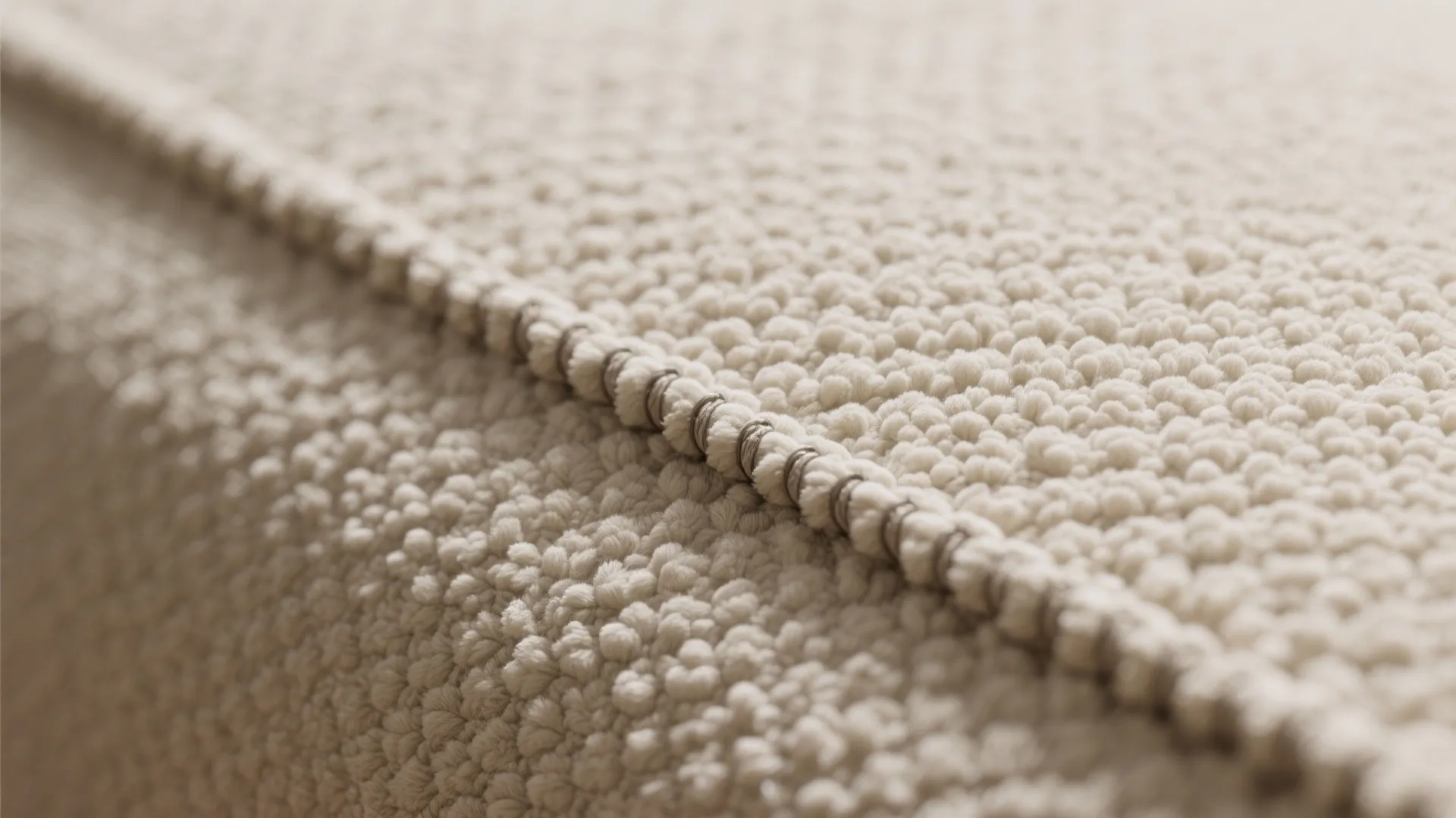 Close up view of white soft fabric material showing textured surface and clean stitched seam