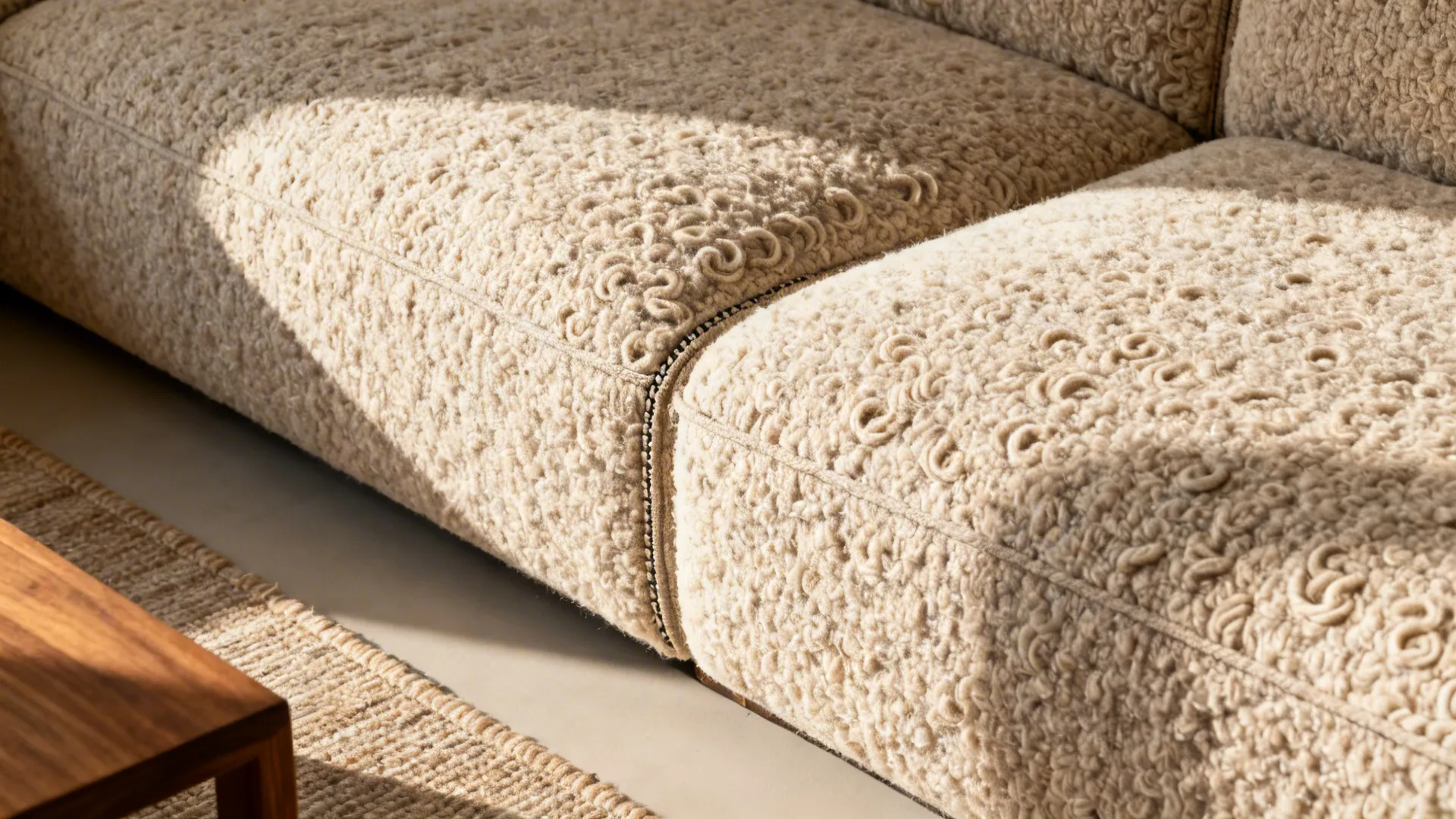 Macro of boucle fabric texture on a low-profile L-shaped sofa with soft daylight.
