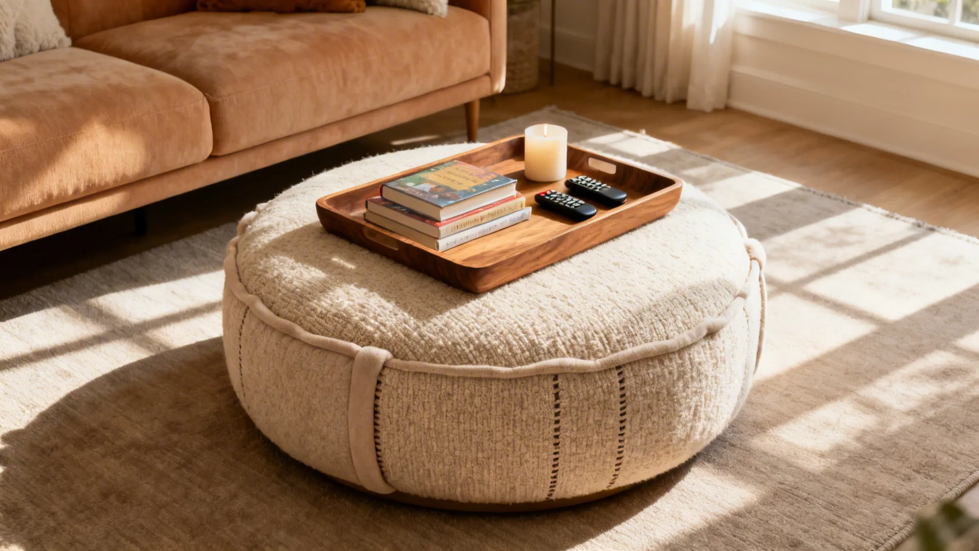 Round oatmeal boucle ottoman coffee table with a matte oak tray in a cozy modern living room.