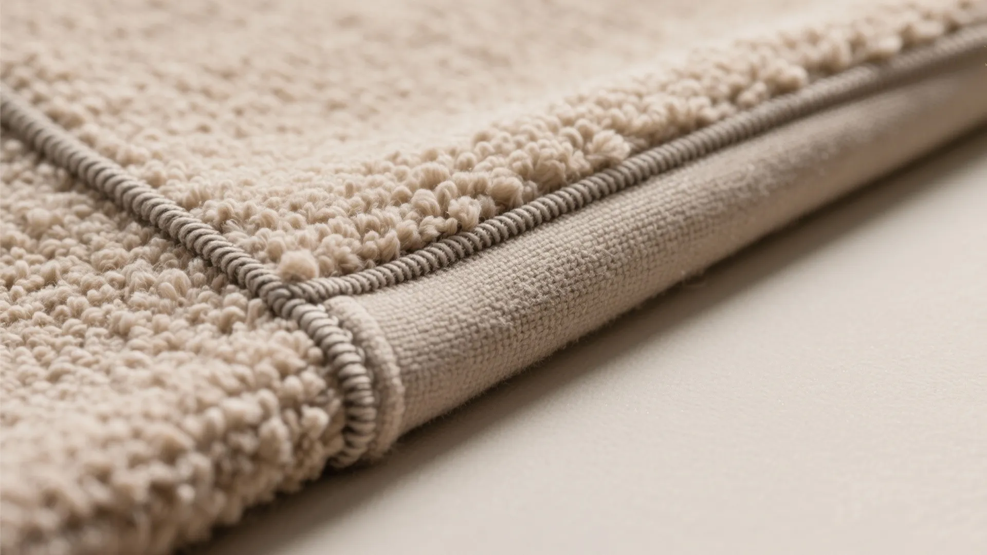 Close up view showing textured beige fabric with a detailed stitched edge and smooth border