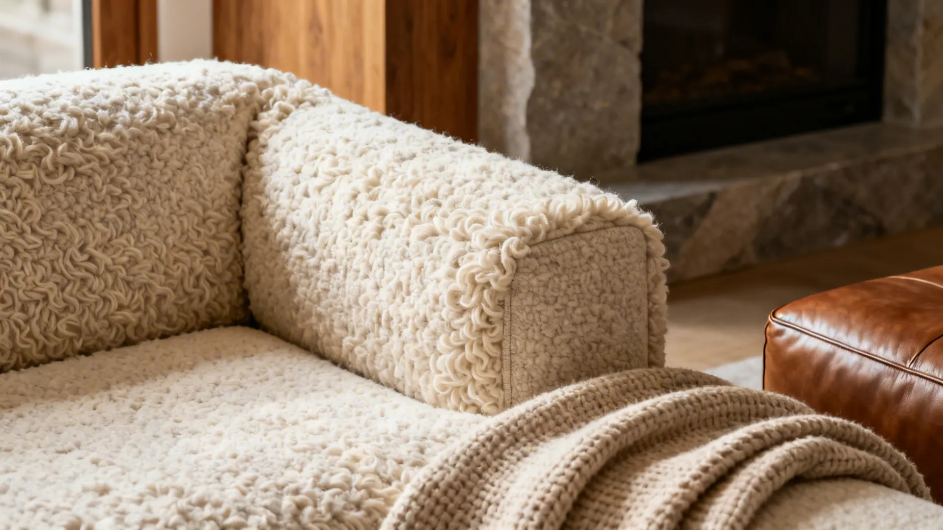 Macro detail of creamy bouclé upholstery with layered neutral textures.