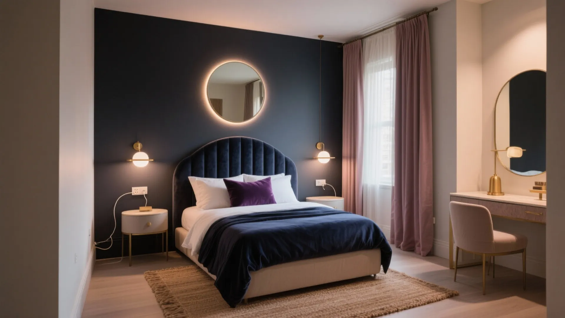 Modern bedroom with dark blue wall, round light mirror, pink curtains, and white makeup table