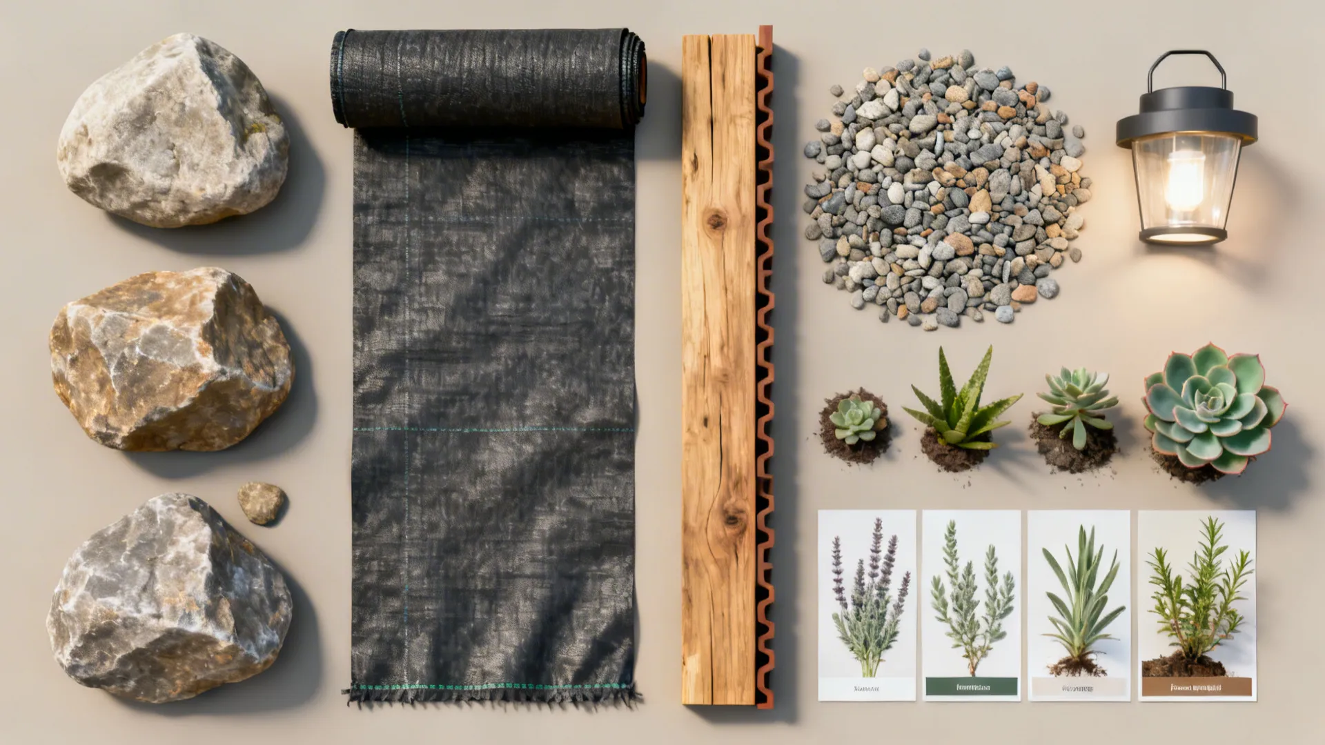 Flatlay of materials and tools for boulder installation: stones, gravel, landscape fabric, lighting, and plant samples.