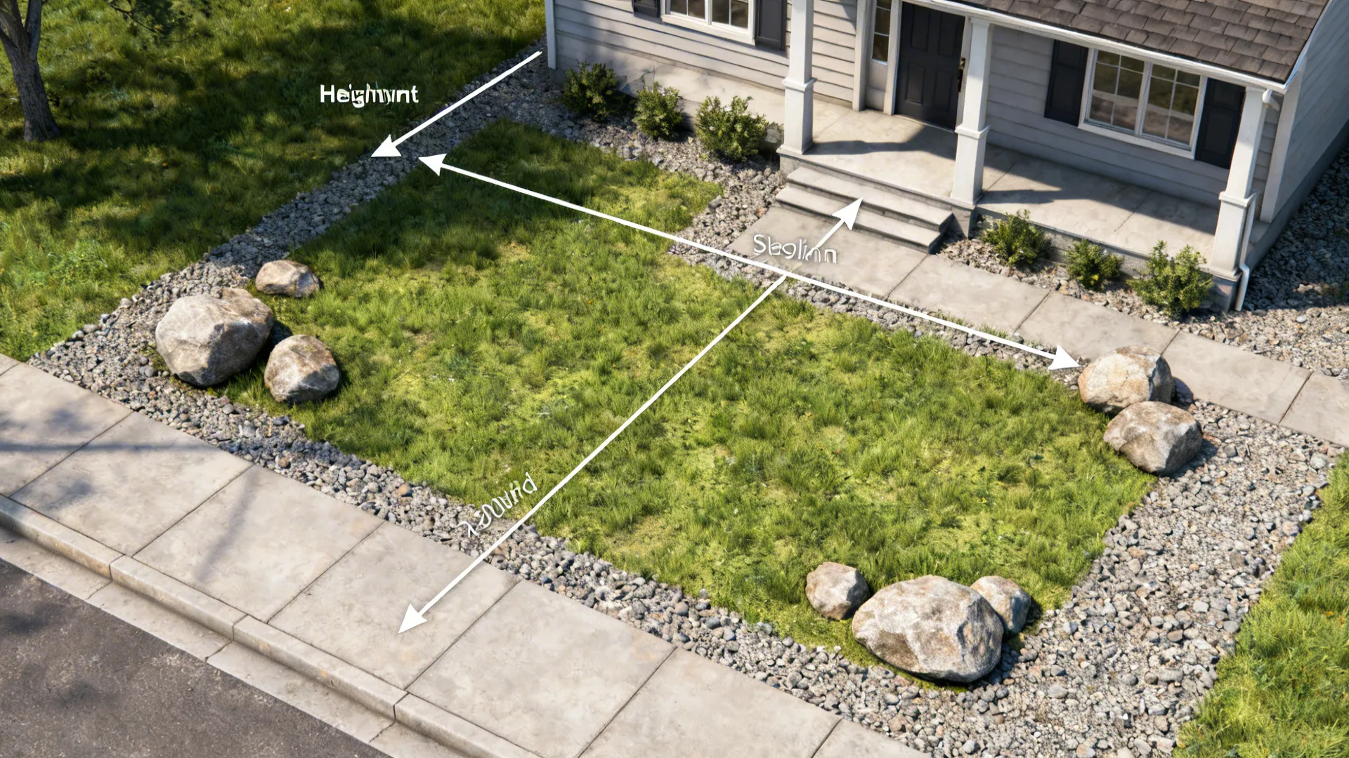 Top-down 3D floor-planner style mockup showing boulder placement and scale overlays in a small front yard.