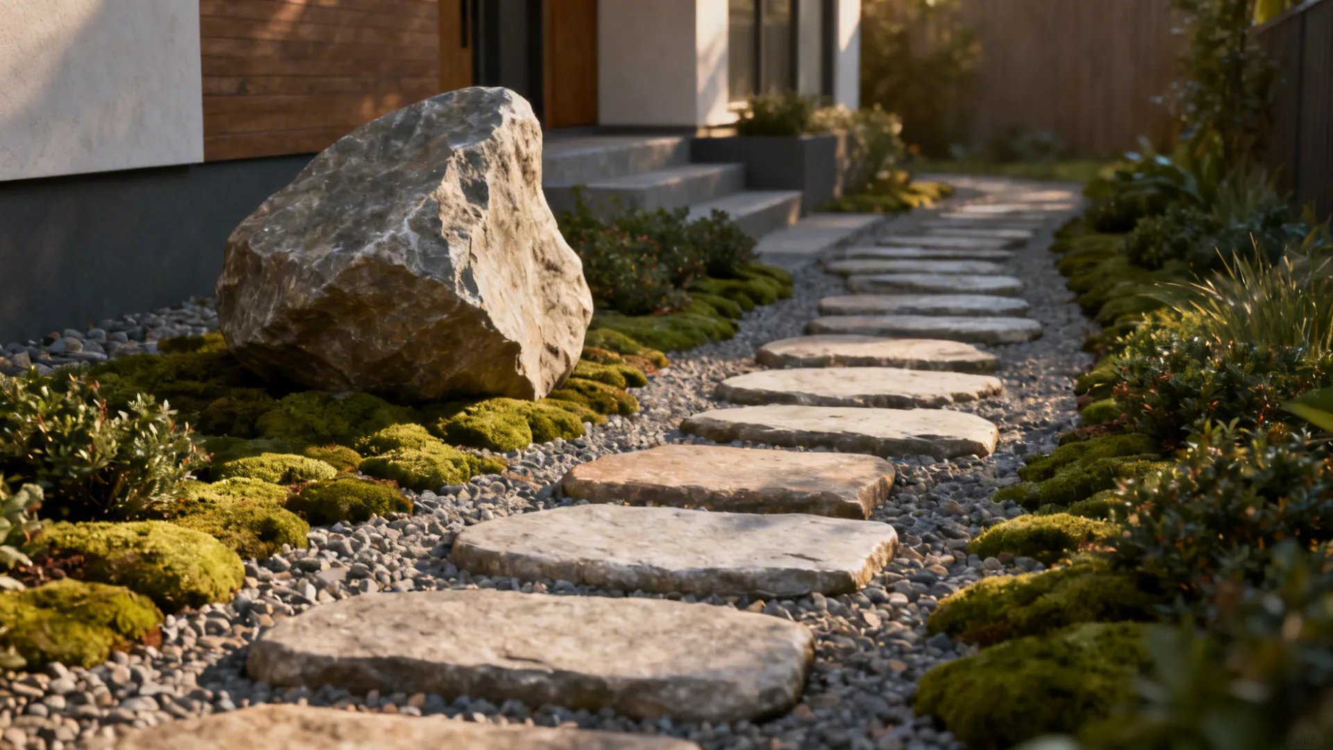 Stepping-stone path in a small front yard with a sculptural boulder anchor and low groundcover.