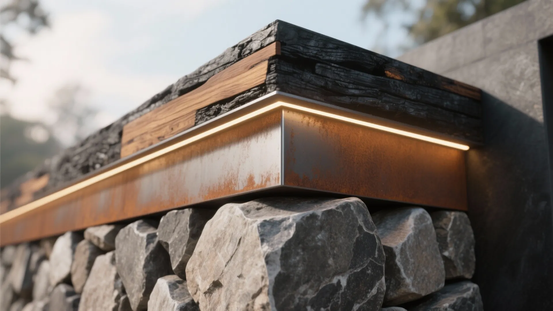 Mixed-Material Contrast: Boulder + Steel/Wood Details