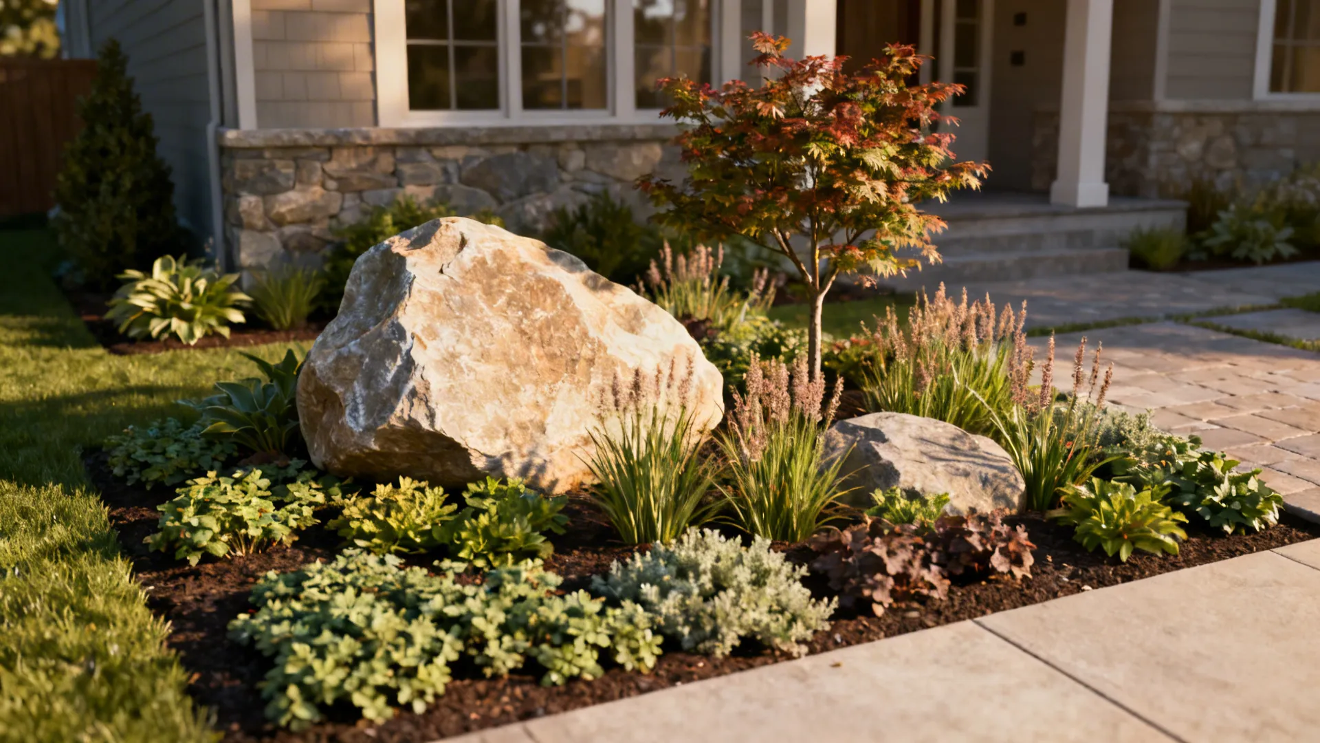Compact yard with decorative boulders and layered planting including groundcover and a small tree.