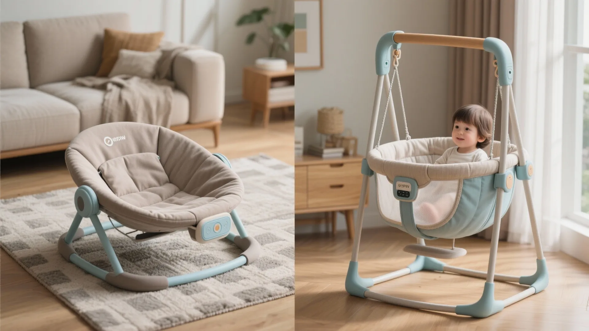 Modern baby bouncer seat on a patterned rug in a bright living room interior design