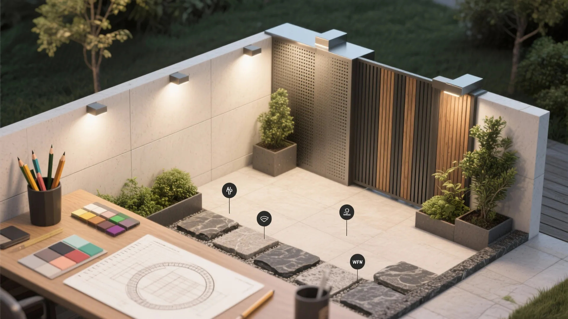 Small outdoor patio design with stone floor tiles wood fence wall lights and garden desk