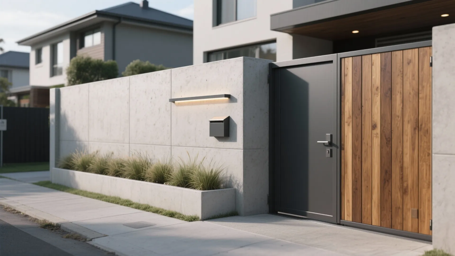 Modern concrete wall with outdoor light fixture black metal gate wooden panel and small garden bed