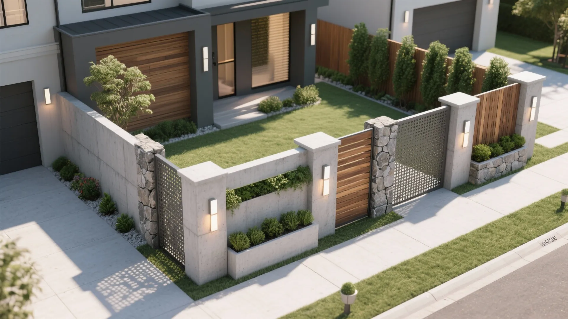 Modern house front yard with concrete wall stone pillars wooden gate green grass and small plants