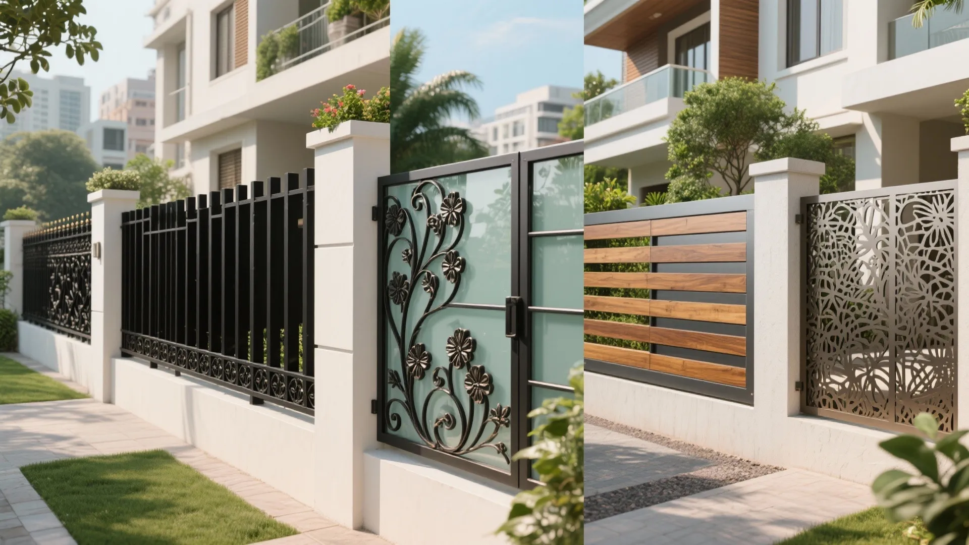 Collage showing four modern outdoor fence designs with metal bars wood slats and decorative patterns
