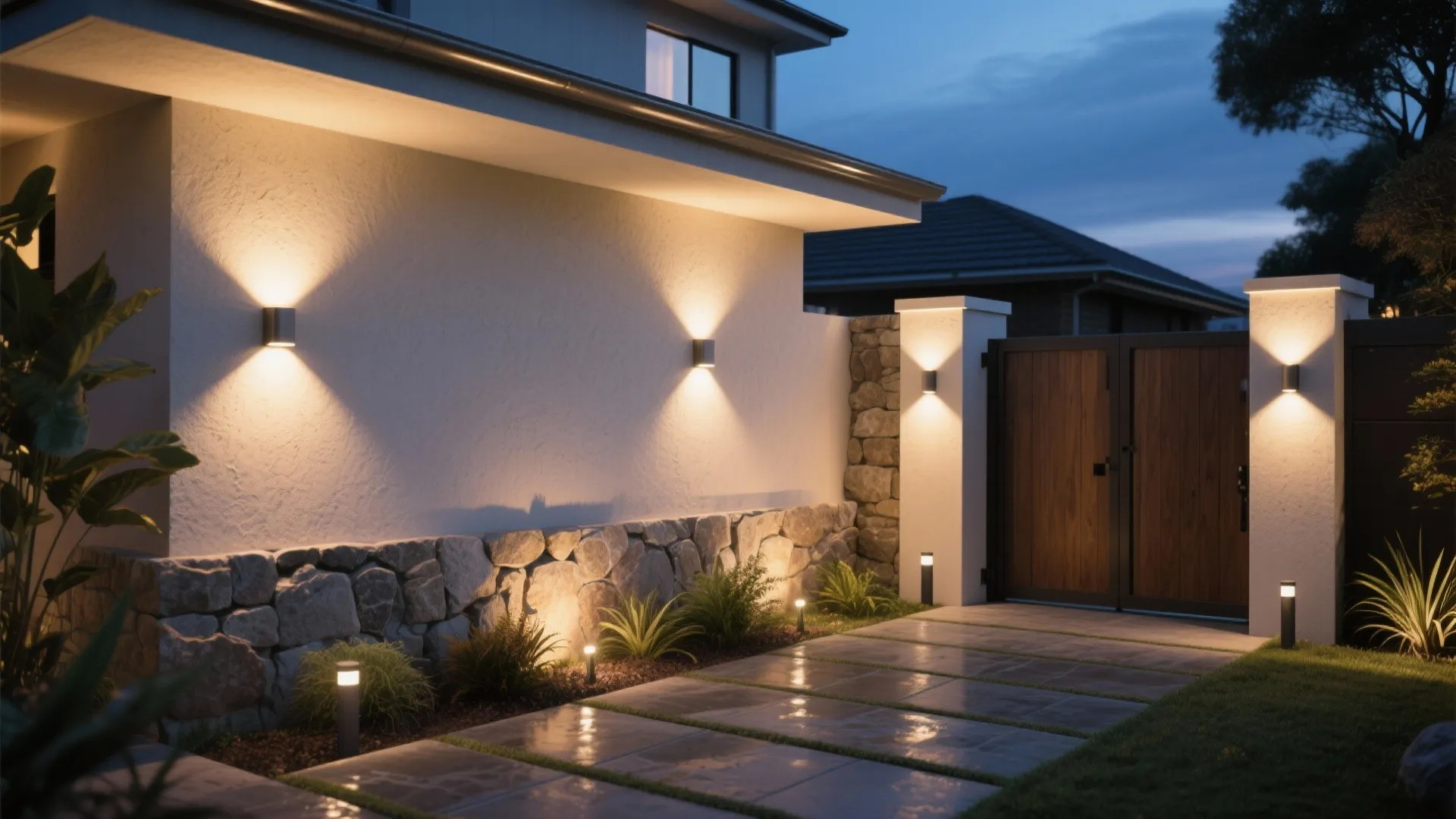 Modern outdoor wall light fixtures illuminating a stone wall and wooden gate at late evening