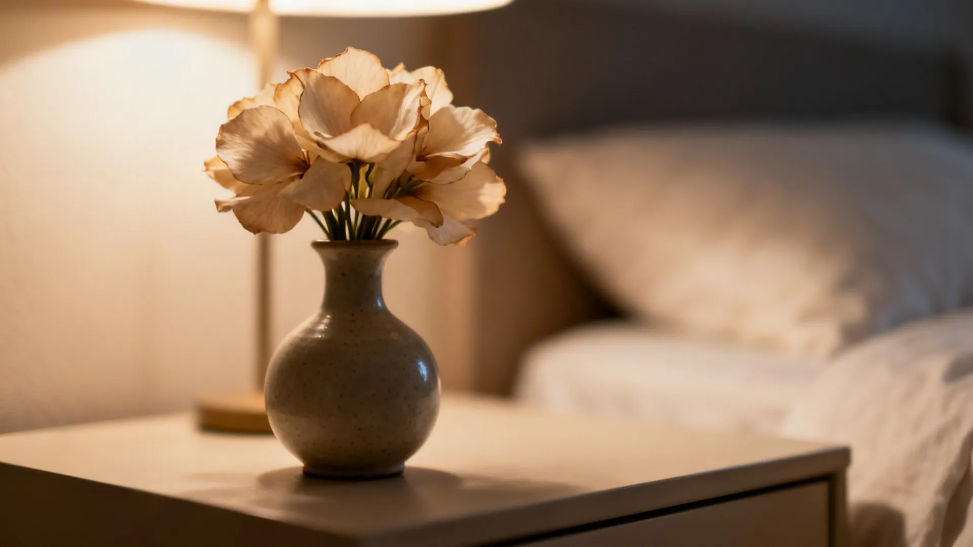 Macro of a simple bouquet in a matte ceramic vase with warm bedside light bokeh.