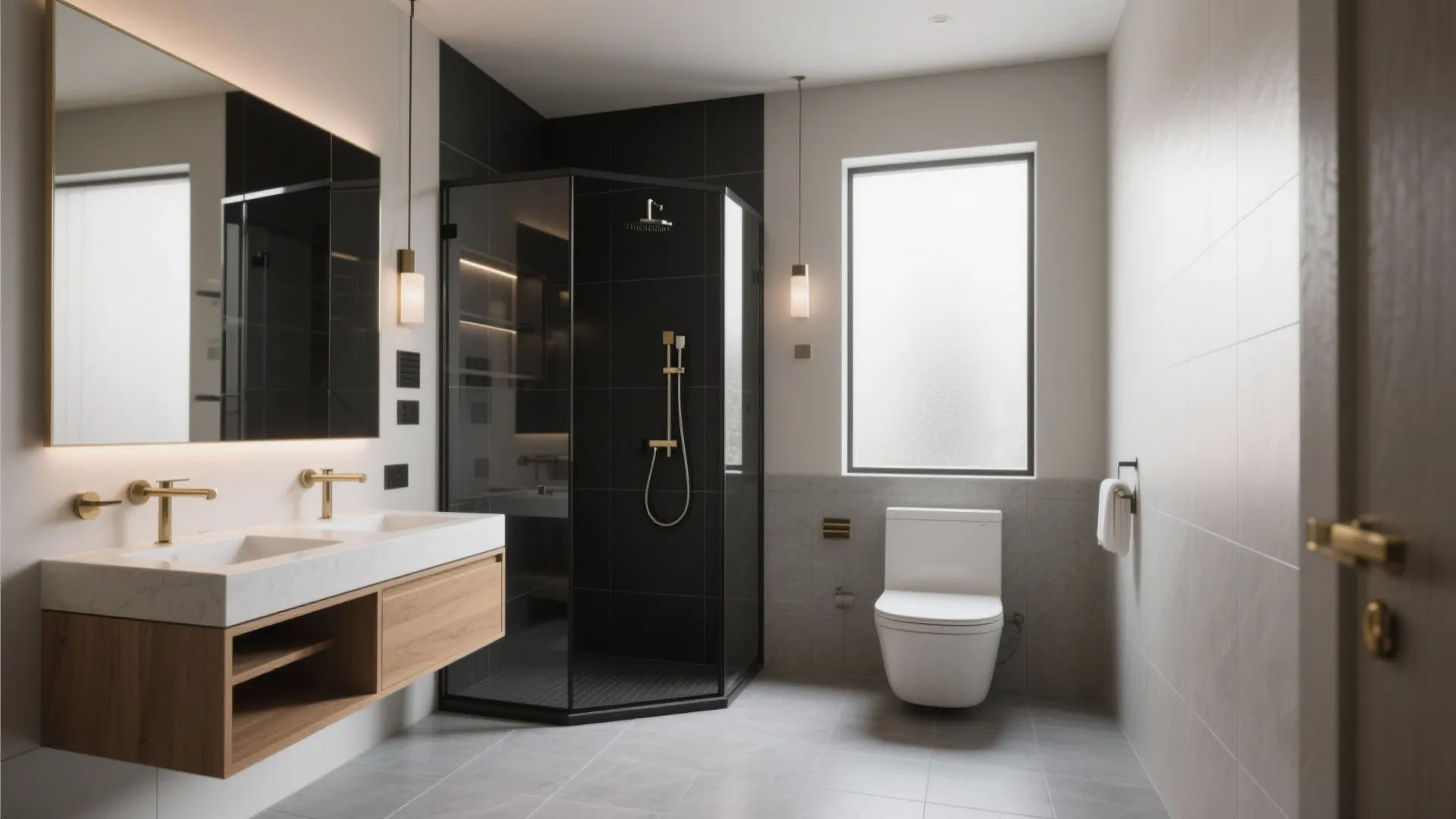 Boutique bathroom featuring black tiled corner shower wooden double sink vanity and white wall toilet unit