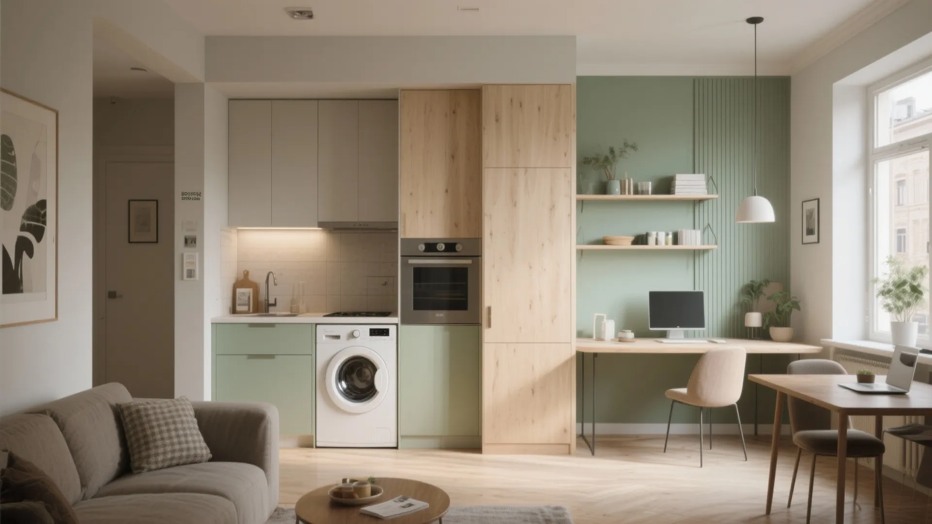 Studio apartment with small kitchen washing machine desk area sofa and light green wall panels