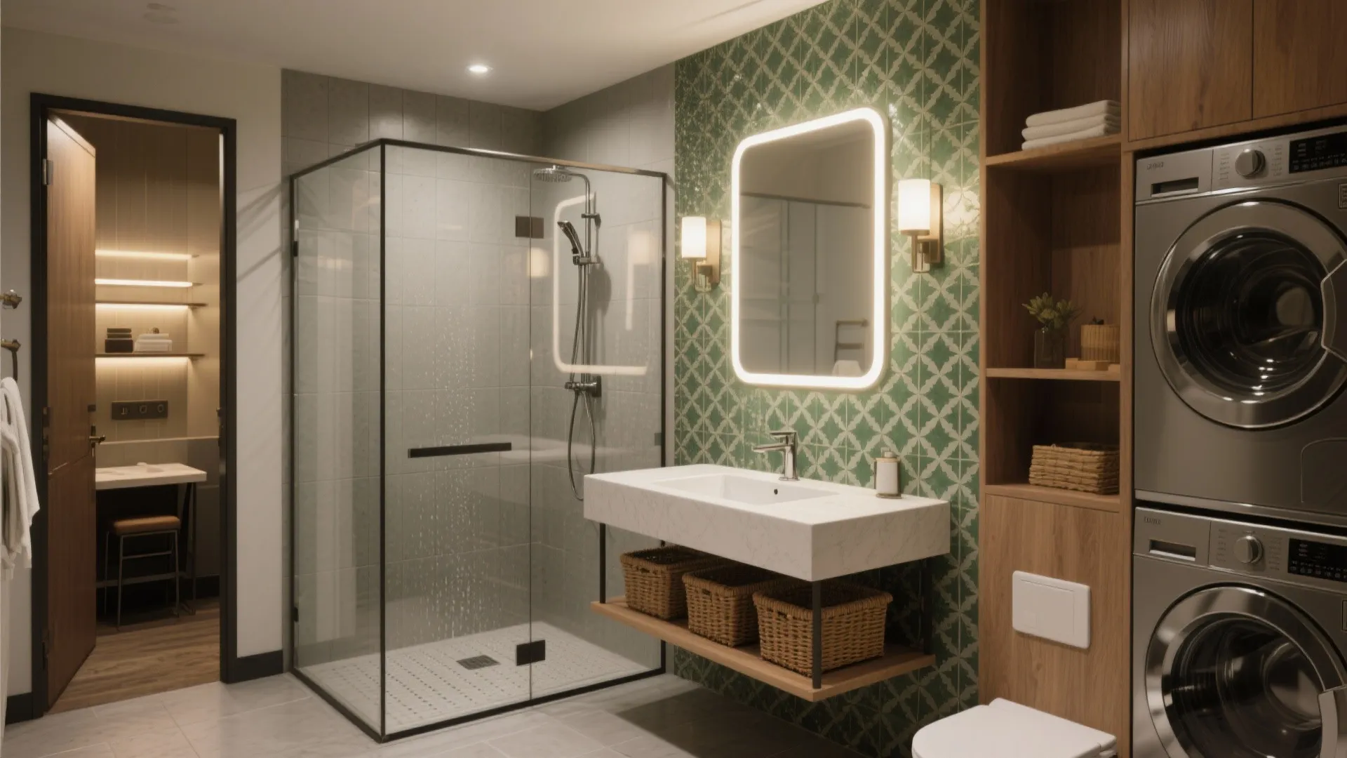Modern bathroom with glass shower door white sink green wall tiles and laundry washing machine