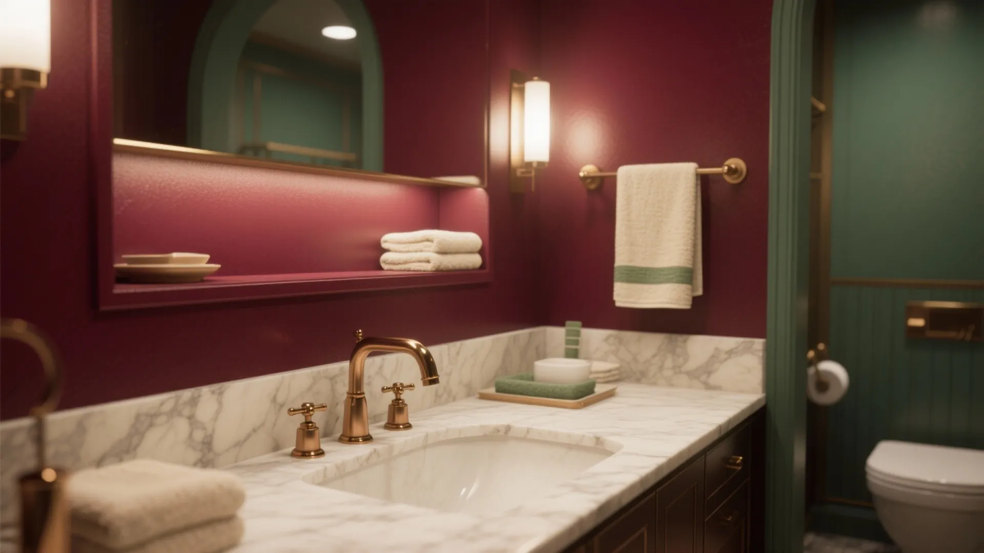 Elegant bathroom with burgundy walls marble countertop gold faucet wall lights and white hand towel