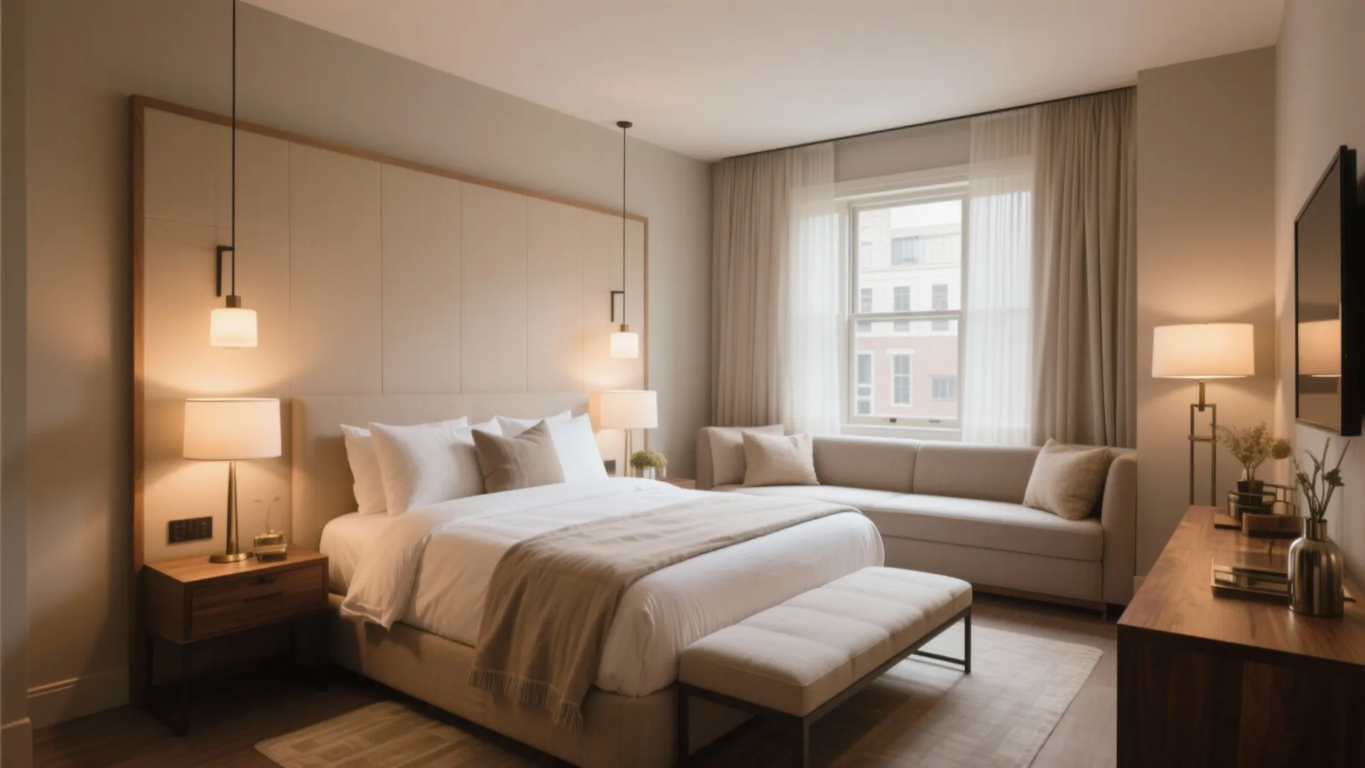 Luxury hotel style bedroom featuring a large bed long sofa wooden furniture and multiple warm lights