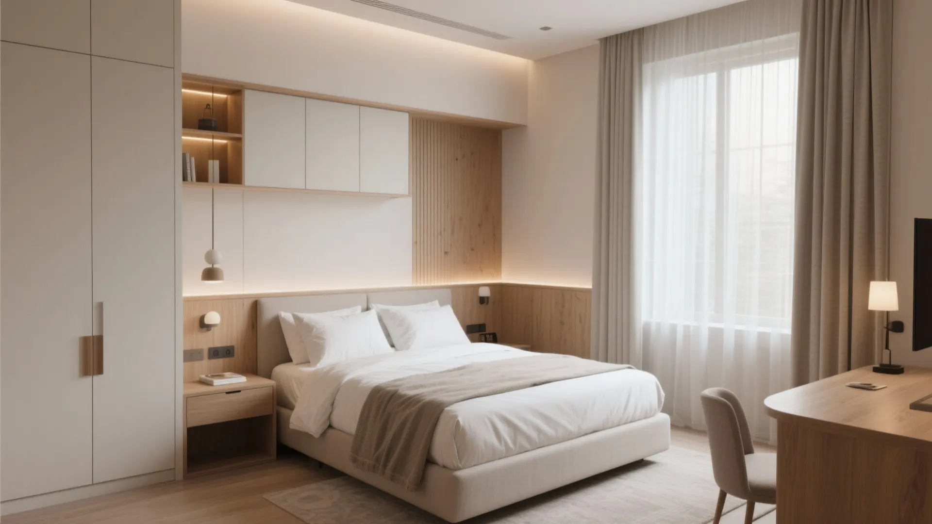 Modern bedroom with warm wood paneling white bedding cream curtains desk chair and natural light