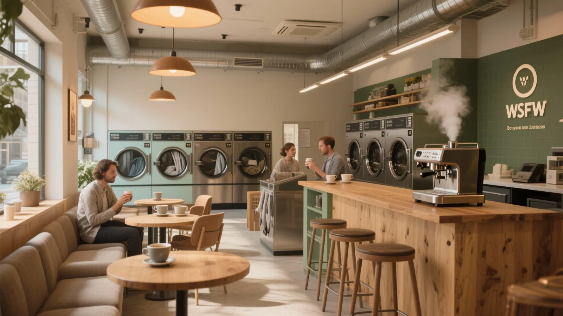 Modern laundry cafe interior featuring washing machines wooden counter coffee station stools and people drinking coffee