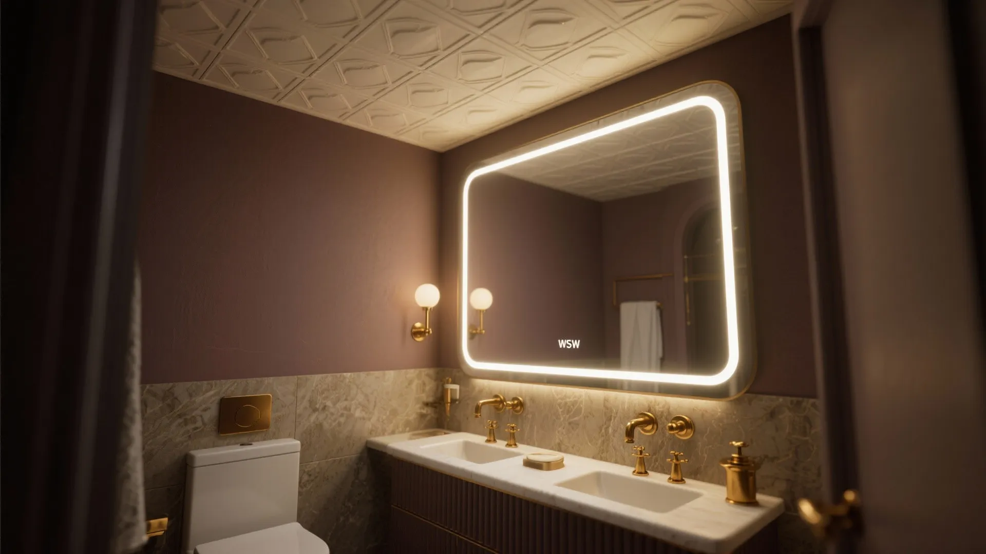 5. Boutique-hotel vibe with matching ceiling and statement fixtures