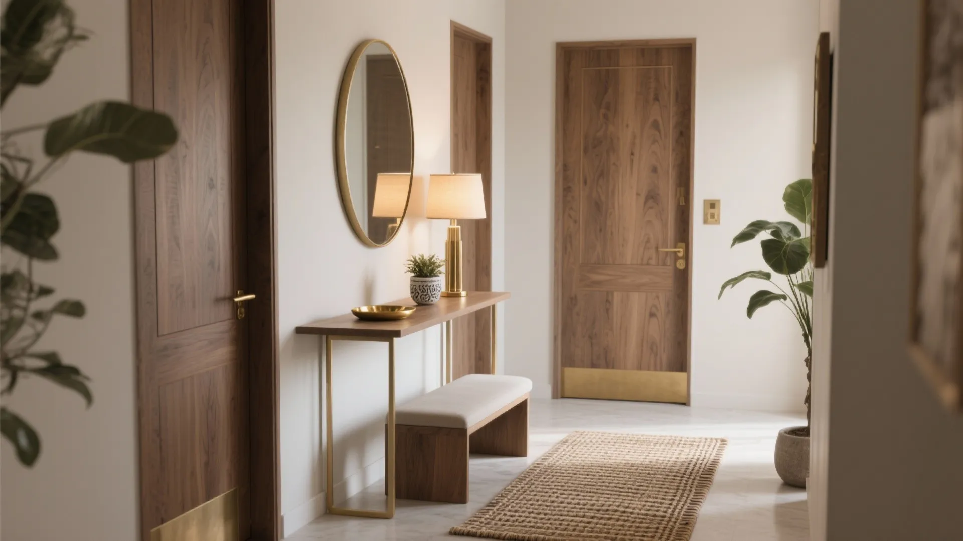 Modern entryway with wooden doors, console table, gold lamp, round mirror, bench, rug, and plants