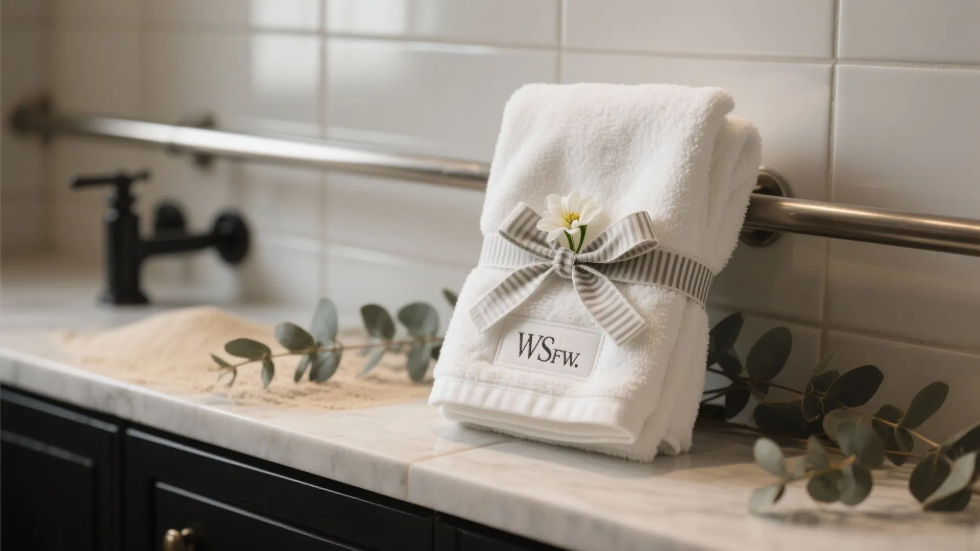 Close-up of hotel-folded towel with a loose knot and a small flower accent.