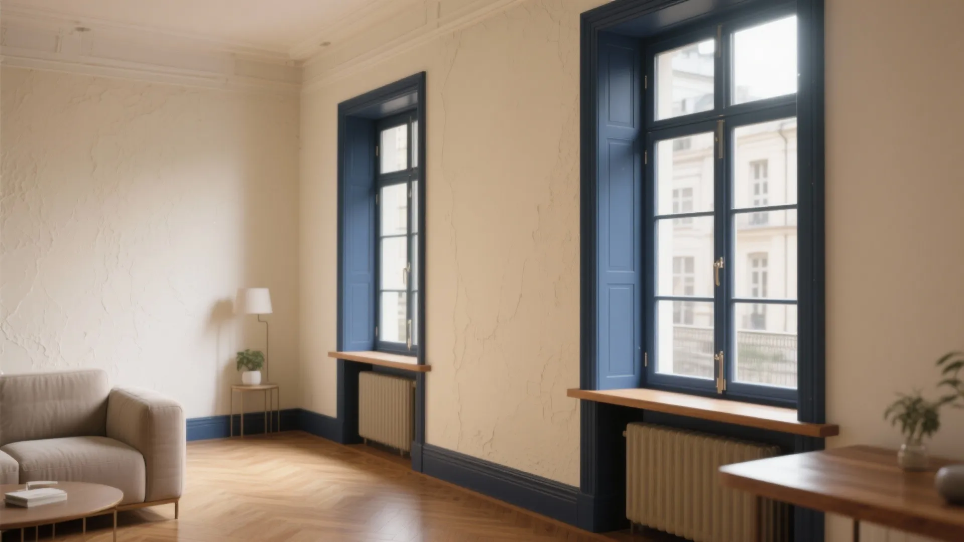 Spacious living room featuring blue windows wooden floors sofa side table and white textured walls