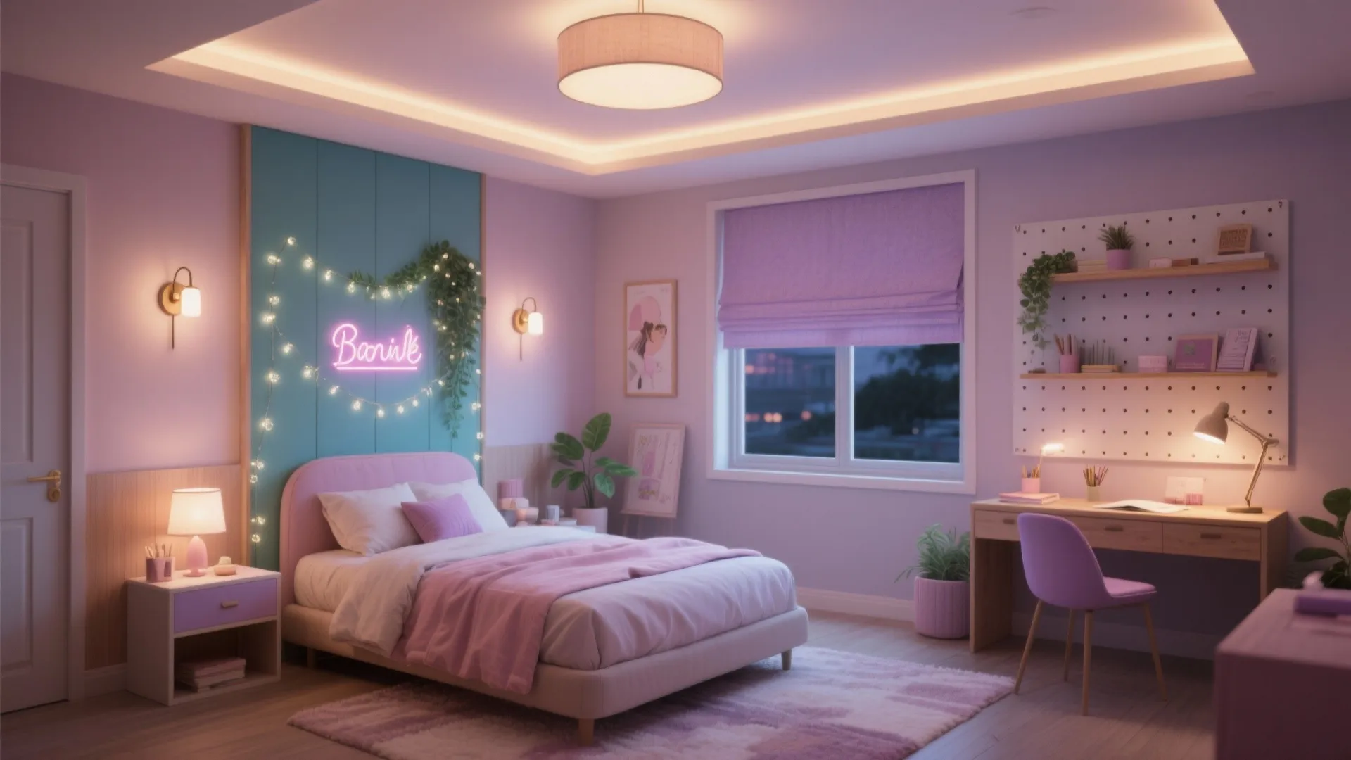 Modern pink bedroom featuring a wooden desk purple chair cozy bed and warm ceiling light